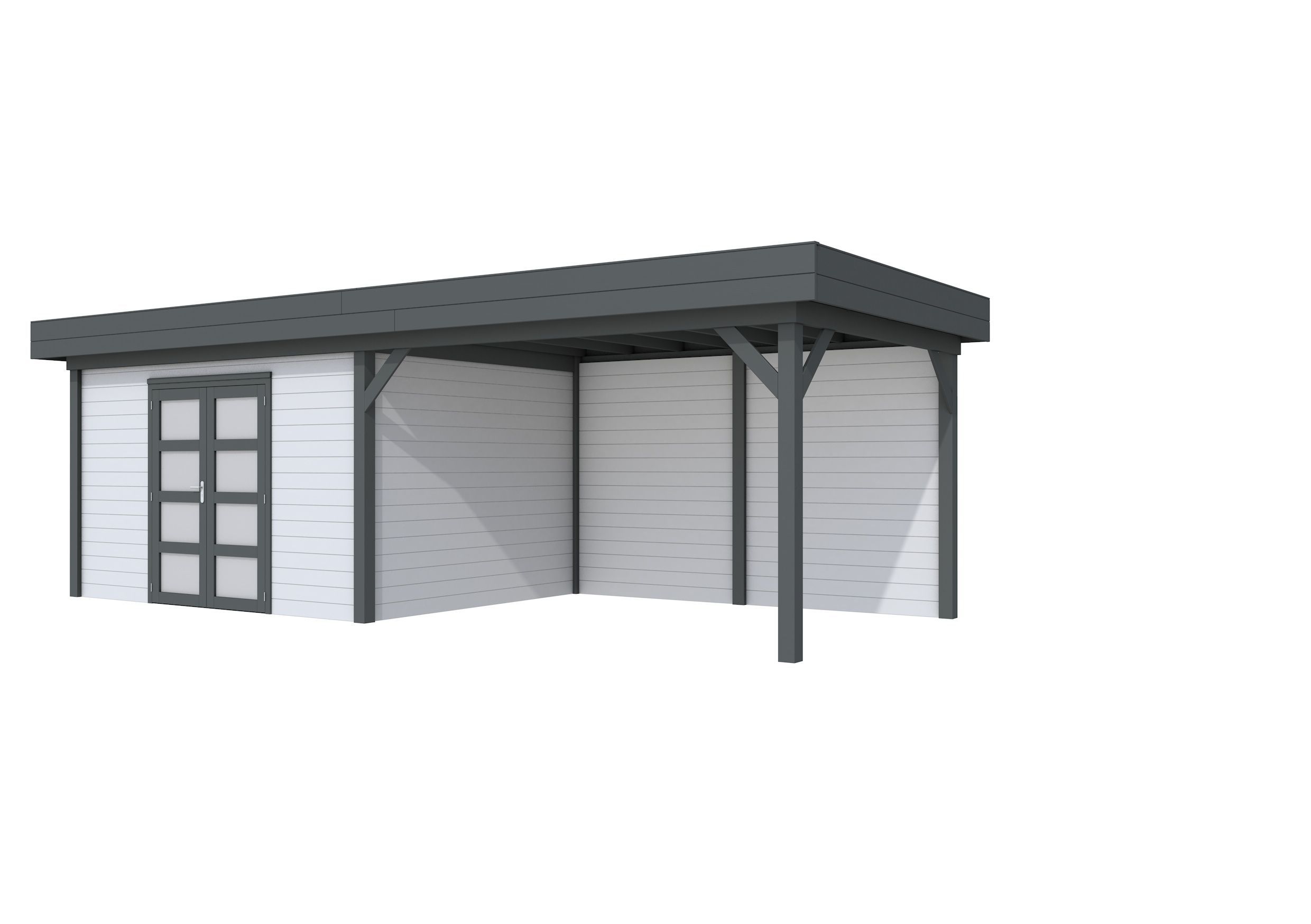 Hillhout vuren Topvision tuinhuis Parelhoen 400x300cm met luifel 400cm, met dubbele deur, wanden antraciet, basis lichtgrijs (1001683-23)