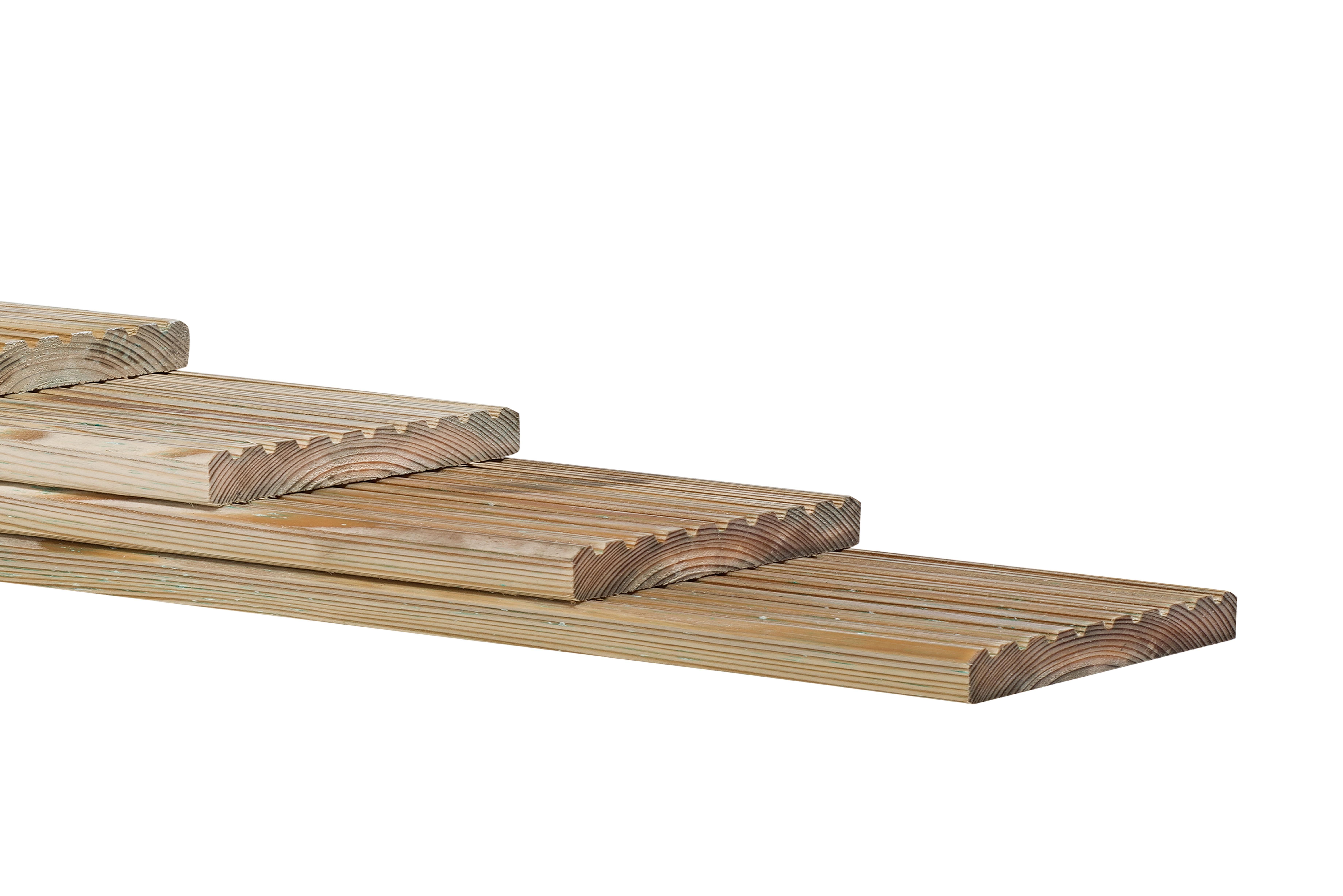 Grenen geprofileerd dekdeel, 1 zijde grof profiel, 1 zijde glad, 2,8x14,5x300cm, groen geïmpregneerd (W06512)